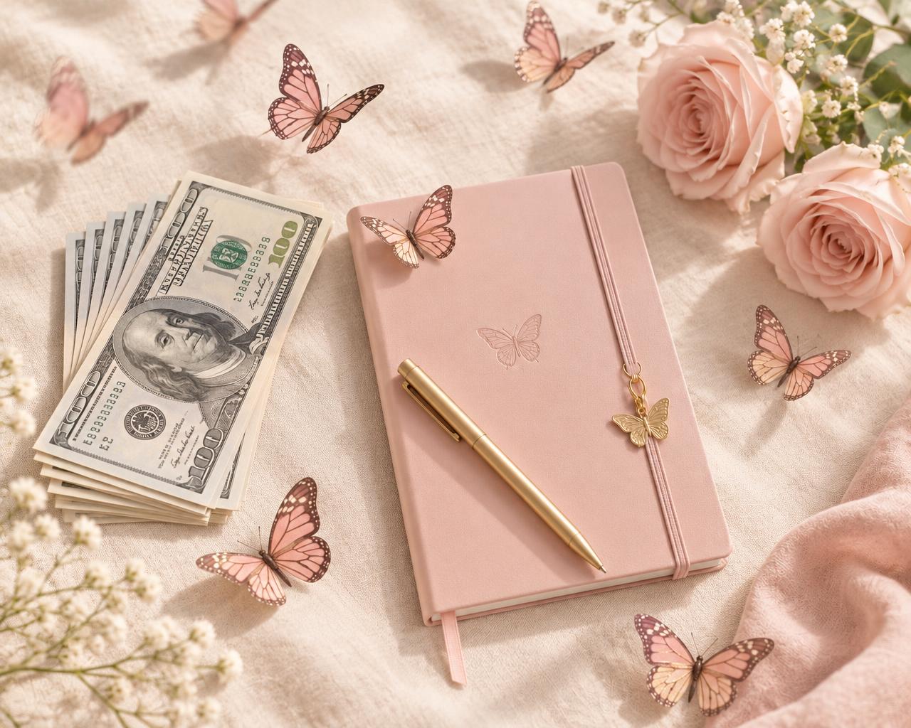 Blush notebook with a gold pen beside a stack of crisp one-hundred-dollar bills, pink monarch butterflies floating around